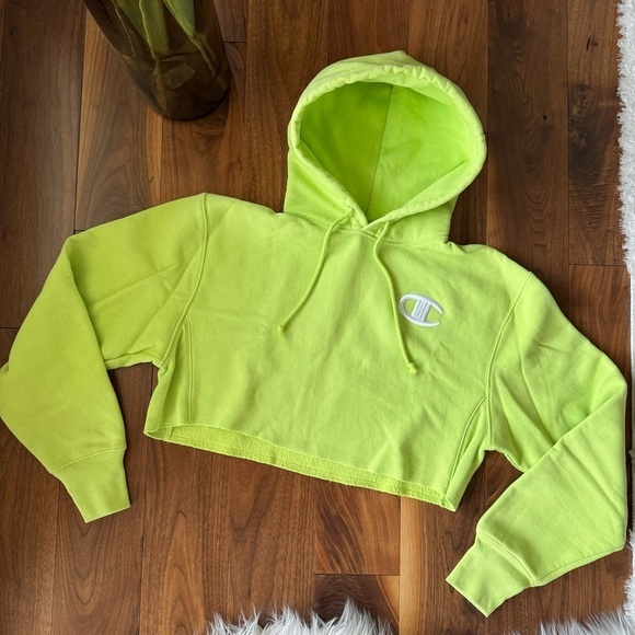 Champion Lime Neon Green Reverse Weave Cropped fleece Hoodie Heavyweight Small - Picture 6 of 16